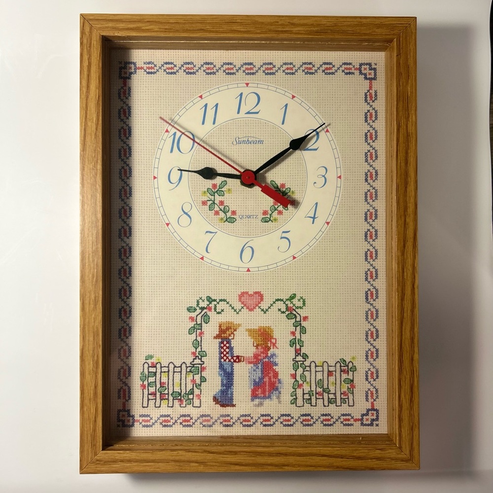 Vintage Sunbeam Quartz Wall Clock Needlepoint Cross Stitch Print Design Works